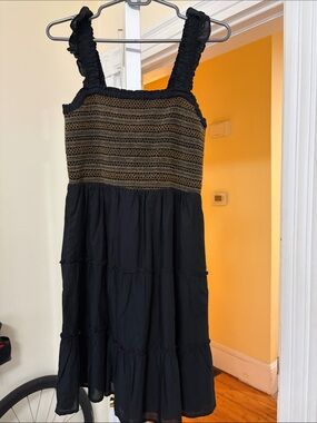 J. Crew Black Dress with Gold Smocked Bodice
